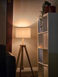 eine Lampe in einem Raum neben einem Bücherregal in der Unterkunft Chalet le Léandre in Cabano