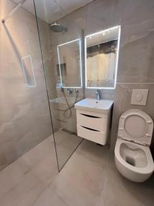 a bathroom with a shower and a toilet and a sink at Central nude oasis in Makarska