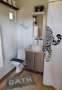 a bathroom with a toilet and a sink at Villa Tammikallio Guest House, near the airport - Kodikas vierasmaja Tuusulassa in Tuusula