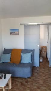 a living room with a blue couch and a table at Appartement t2 terrasse, jardin in Cap d'Agde