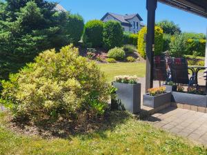 a patio with two chairs and flowers in a yard at Ferienhaus Am Sonnenhang in Zerf