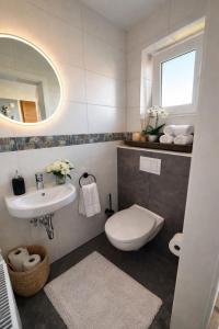a bathroom with a toilet and a sink and a mirror at Ferienhaus Deichkrone in Dornum