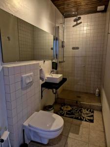 a bathroom with a toilet and a sink at Guestroom with a mountain view in Laugarvatn