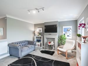 a living room with a blue couch and a fireplace at Mill Cottage in Aberdyfi +15 photos