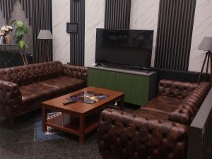 a living room with two leather couches and a television at The Best City Kadikoy in Istanbul