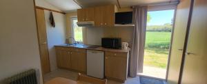 a small kitchen with a microwave and a window at Les cabanes du veau in Daumeray