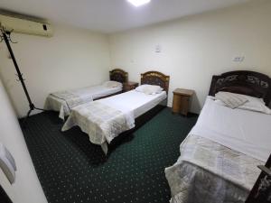 two beds in a room with green carpet at Bobo Haydar FREE LONDRY SERVICE in Bukhara