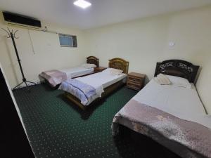 three beds in a room with green carpet at Bobo Haydar FREE LONDRY SERVICE in Bukhara