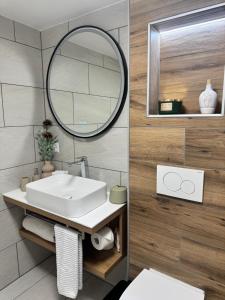 a bathroom with a sink and a mirror at Chez Leny in Monthey