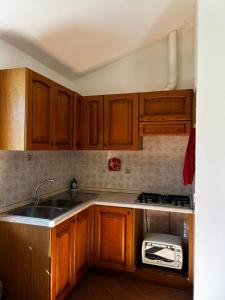 a kitchen with wooden cabinets and a sink and a toaster at Da Davide in Marciana Marina