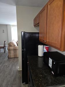 a kitchen with a black refrigerator and wooden cabinets at Convenient Downtown Apartment in Saint Louis