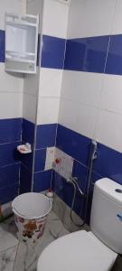 a blue and white bathroom with a toilet and a bucket at Zerarda in Saïss
