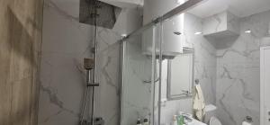 a white bathroom with a shower and a sink at Apartman Ivan Trebinje in Trebinje +15 photos