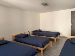 three beds in a room with blue sheets at Chardonnay in Boyeux-Saint-Jérôme