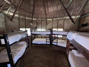 a room with four bunk beds in a hut at Casa en el agua in Tintipan Island