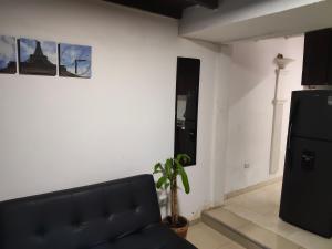 a living room with a black couch and a plant at Apartaestudio con Parqueadero in Cúcuta