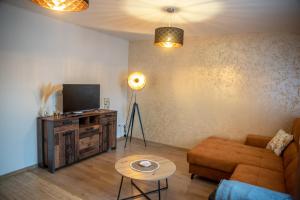 a living room with a couch and a television at La Palma Gúta in Kolárovo