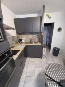 a small kitchen with a sink and a stove at studio cabine tous cocooning in Gruissan