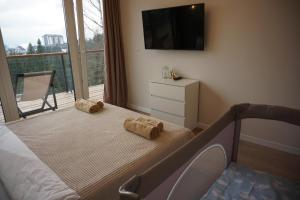 a bedroom with a bed and a tv and a balcony at Sunrise Yablunytsia in Yablunytsya