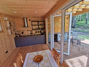 a view of the kitchen and living room of a cabin at Meža namiņi Sprīdīši in Tērvete