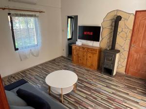 a living room with a couch and a stove at Bambusz76 in Zamárdi
