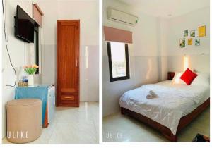 two pictures of a bedroom with a bed and a tv at Tây Nguyên hotel Đà Nẵng in Danang