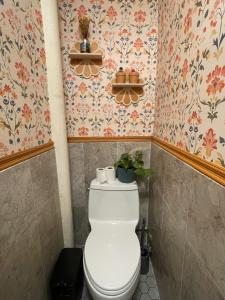 a bathroom with a toilet with plants on the wall at Interfaith 21st Street in New York +34 photos