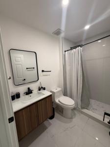 a bathroom with a toilet and a sink and a mirror at Beautiful House Near Marlins Stadium in Miami