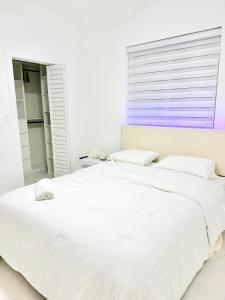 a large white bed in a bedroom with a window at Beautiful House Near Marlins Stadium in Miami