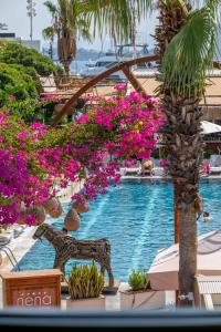 a swimming pool with pink flowers and palm trees at Skopea Inn Exclusive Hotel in Göcek