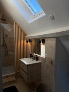 a bathroom with a sink and a shower and a skylight at Villa Ô bedroom 1 in Chasnay +30 photos