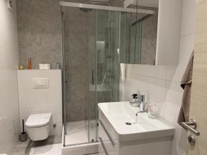 a bathroom with a shower and a sink and a toilet at Bright Apartment with Balcony near Bus and Train in Mostar