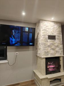 a living room with a tv and a fireplace at Zakątek Sądrecko in Rząśnik