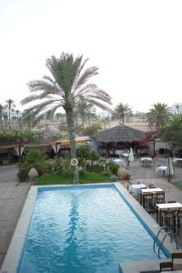 a swimming pool in a resort with tables and a palm tree at Appart Hotel Rodes in Mezraya