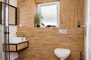 a bathroom with a toilet and a sink at Apartamenty Suchacz in Suchacz +6 photos