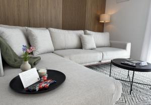 a living room with a couch and a table with a laptop at JAM Suite in Koblenz