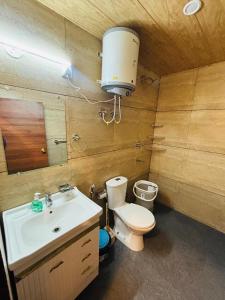 a bathroom with a toilet and a sink and a mirror at Sati Heights in Vashisht +30 photos