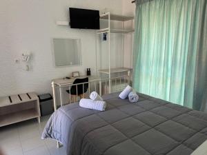 a bedroom with a bed and a desk and a television at Georgina in Agia Marina Aegina