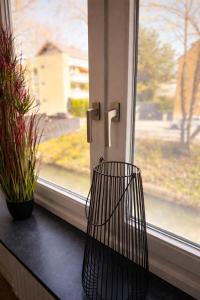 a black wire basket sitting in front of a window at Black & Yellow Studio in Augsburg +8 photos