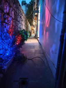 a dark alley with lights on a wall at night at Hotel Blueberry in New Delhi