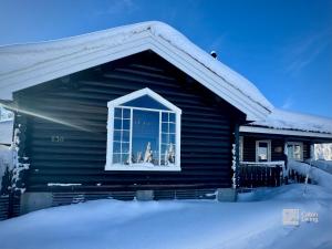 a house with a window with christmas decorations in it at Authentic mountain atmosphere at Sjusjøen in Ringsaker