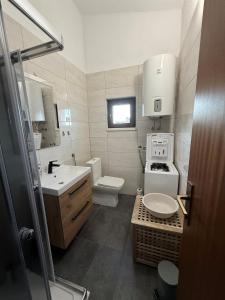 a small bathroom with a sink and a toilet at Apartment Sanda in Stomorska +14 photos