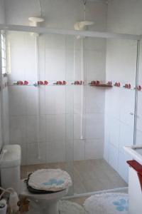 a bathroom with a glass shower with a toilet at Chácara Carlópolis Pr in Carlópolis