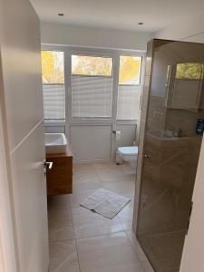a bathroom with a shower and a sink and a toilet at Seeblick Lünne Emsland in Lünne +7 photos