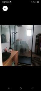 a bathroom with a sink and a shower in a room at La voyageuse in Leuhan