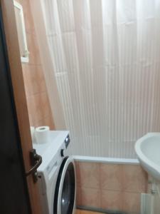 ein Badezimmer mit Waschmaschine und Waschbecken in der Unterkunft imocris in Fălticeni