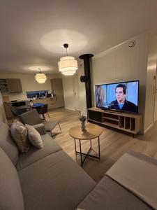 a living room with a couch and a flat screen tv at GHAR-New 2 bedrooms apartment near airport and Oslo city-free parking in Klofta