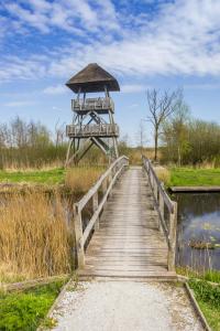 a wooden bridge with an umbrella over a body of water at Oan 'e Haven in Oudega
