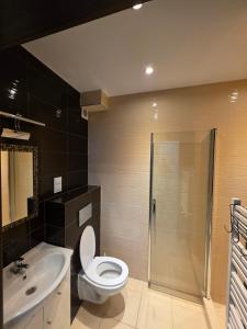 a bathroom with a toilet and a sink and a shower at U Piotra in Sarbinowo +22 photos