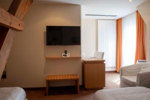 a living room with a tv on the wall at Hôtel Restaurant Logis Auberge Sundgovienne in Carspach